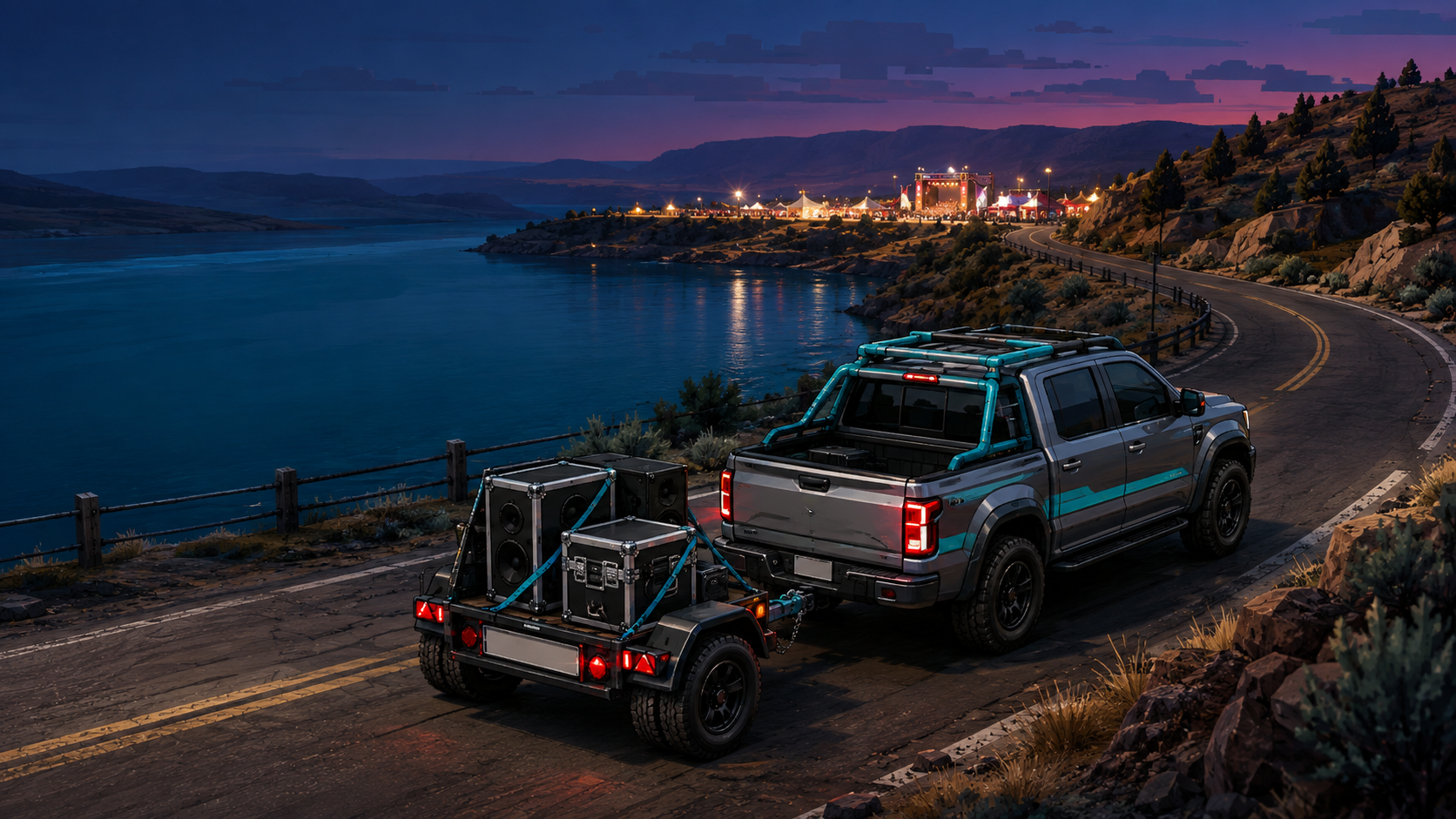 Roadie Warrior artwork: a loaded truck heading to a lakeside festival